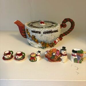 Vintage Christmas Resin Teapot and Figurines Set